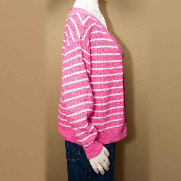 NWT Loft Pink and White Striped Button Up Knit Cardigan size M - Picture 5 of 6